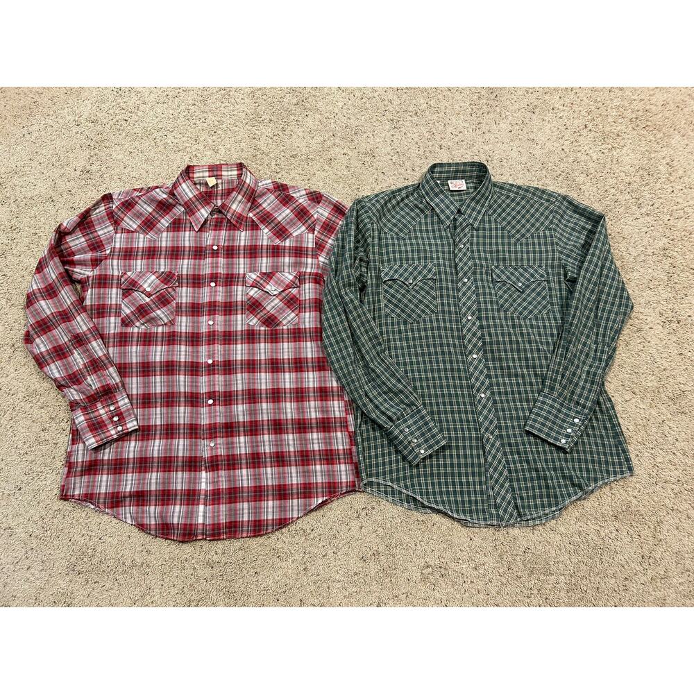 LOT Vintage Western Fashions 16.5/17 Permanant Press Plaid Pearl Snap Shirt G23